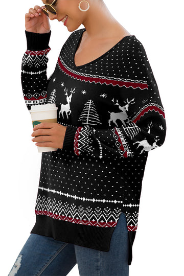 V-Neck Long Sleeve Side Split Loose Casual Knit Pullover Sweater Floral